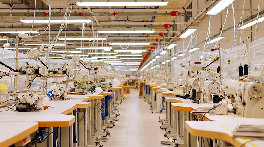 Garment factory floor with sewing lines